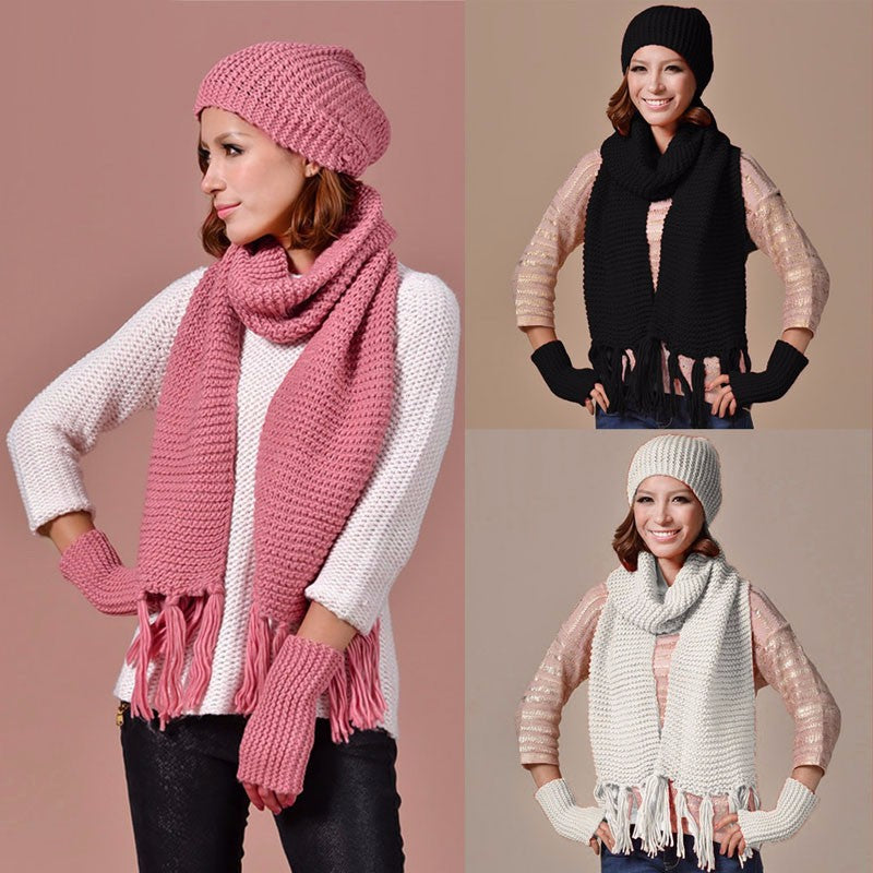 COCKCON ELEGANT KNITTED BEANIE CAP, SCARF AND GLOVES