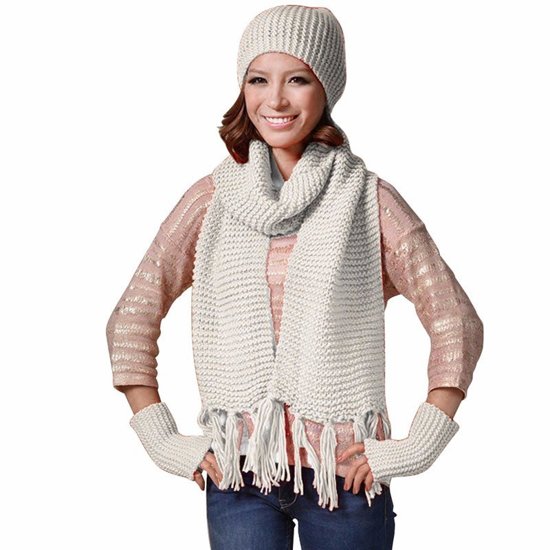 COCKCON ELEGANT KNITTED BEANIE CAP, SCARF AND GLOVES