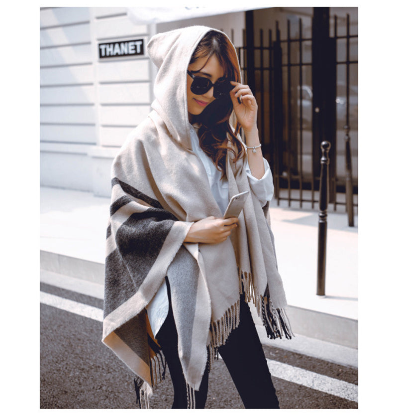 COUTUDI AUTUMN/WINTER TASSEL HOOD PONCHO WRAPS