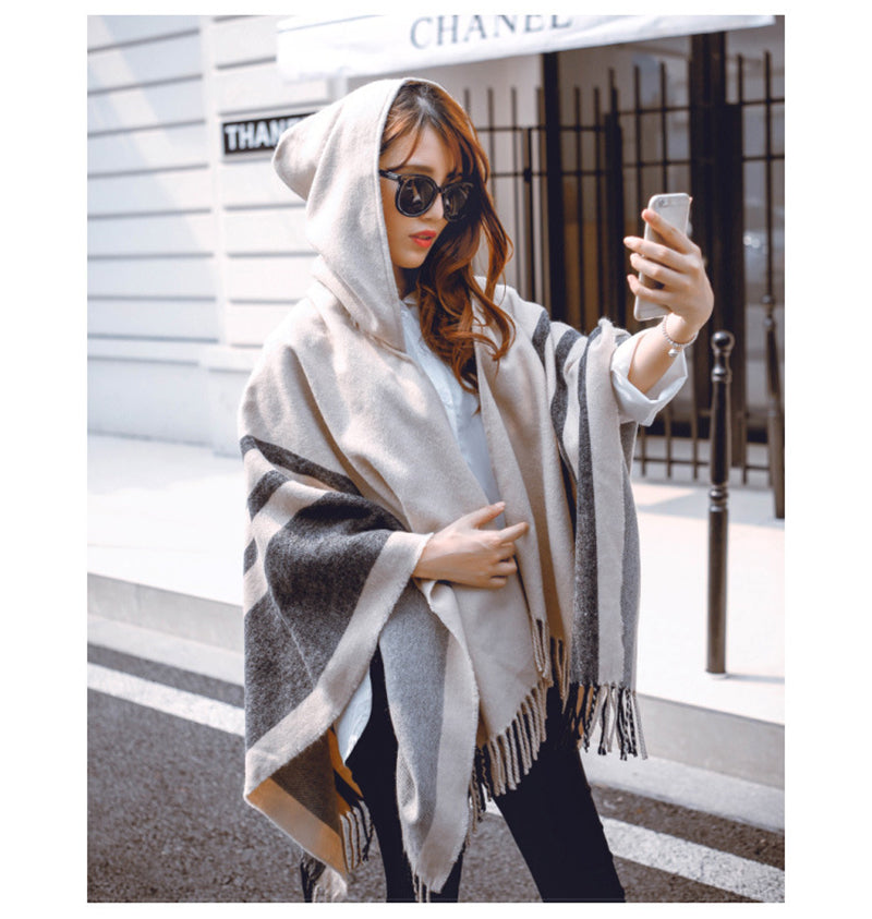 COUTUDI AUTUMN/WINTER TASSEL HOOD PONCHO WRAPS