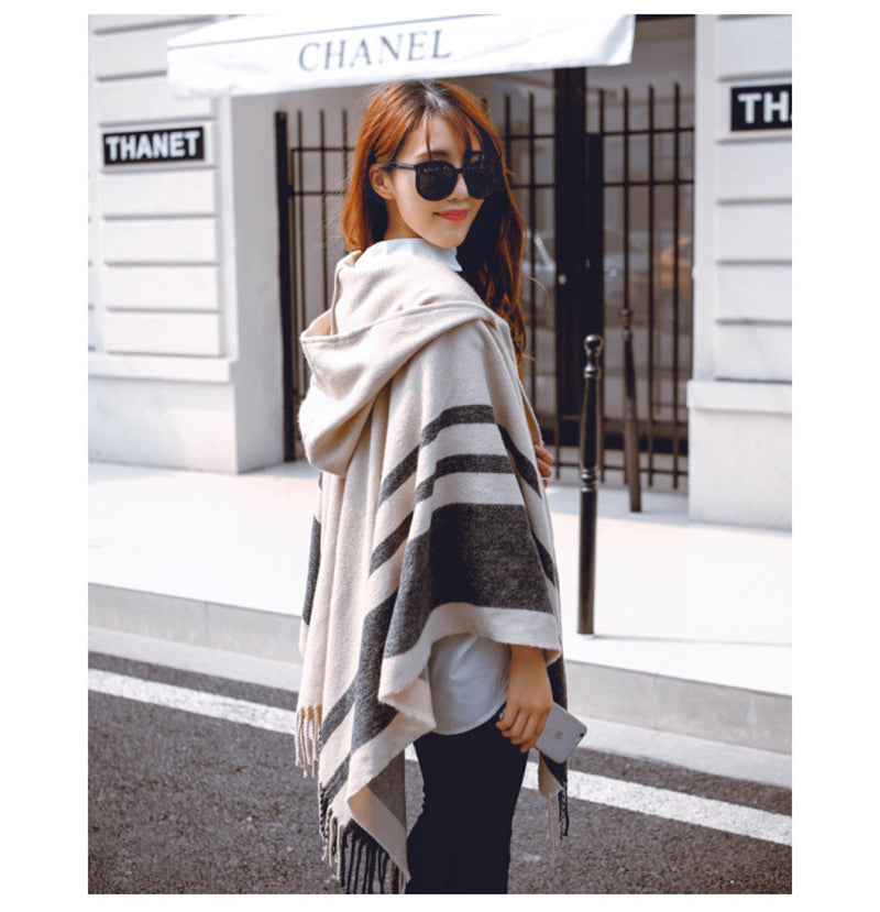 COUTUDI AUTUMN/WINTER TASSEL HOOD PONCHO WRAPS